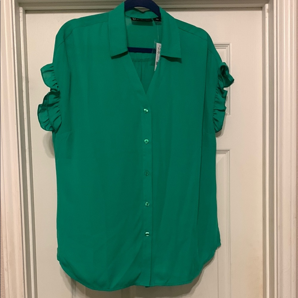New York & Company Green Ruffled Button Down Shirt